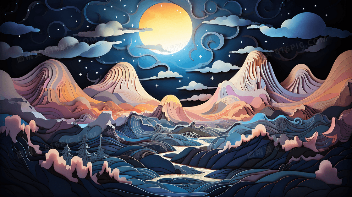 立体浮雕剪纸风山水风景插画