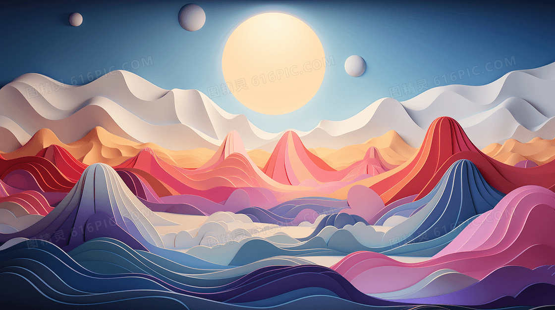 立体浮雕剪纸风山水风景插画