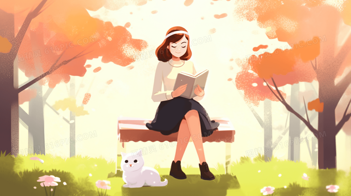 春天坐在公园长椅上看书的女孩插画