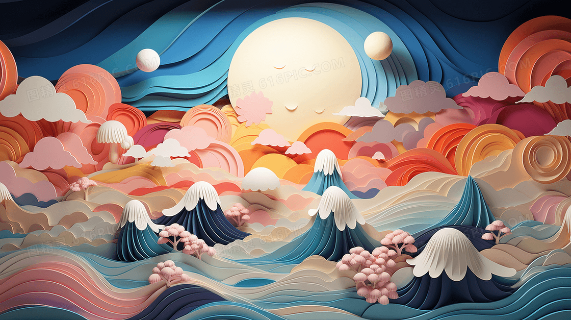 立体浮雕剪纸风山水风景插画