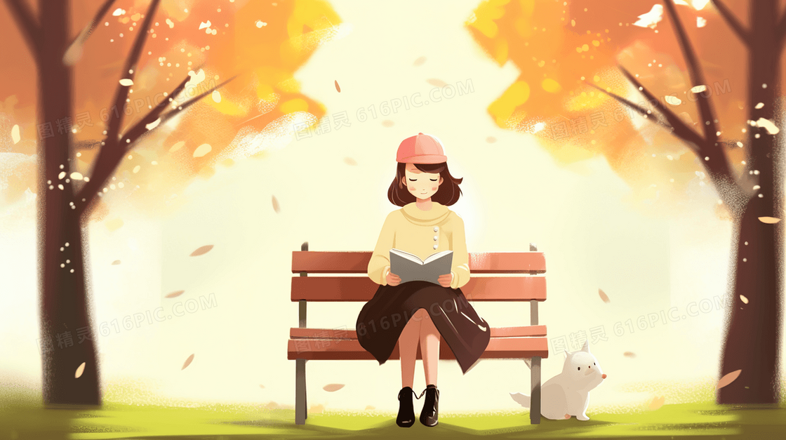 春天坐在公园长椅上看书的女孩插画