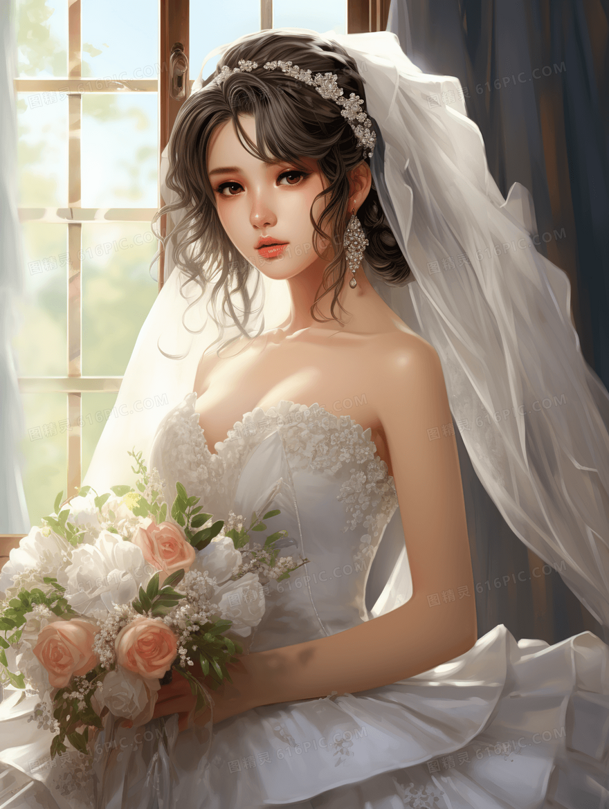 身穿洁白婚纱的美丽女孩唯美插画