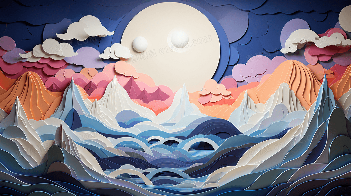 立体浮雕剪纸风山水风景插画