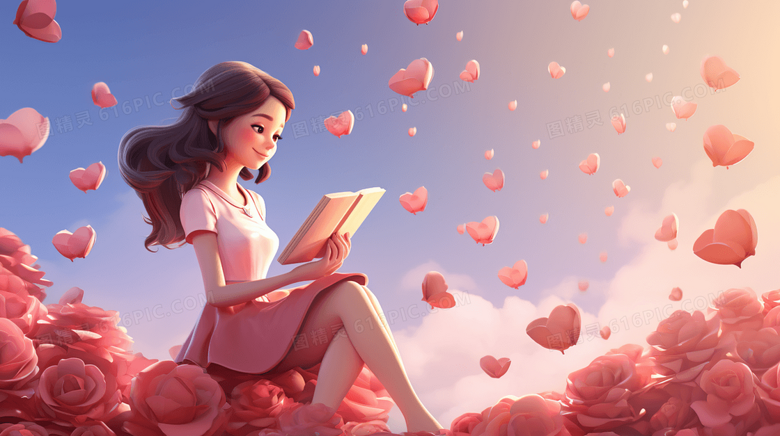 粉色玫瑰中的美丽女孩插画