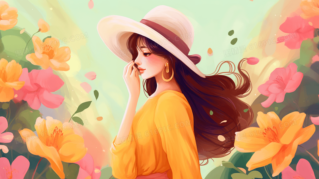 花海中美丽的长发女人插画