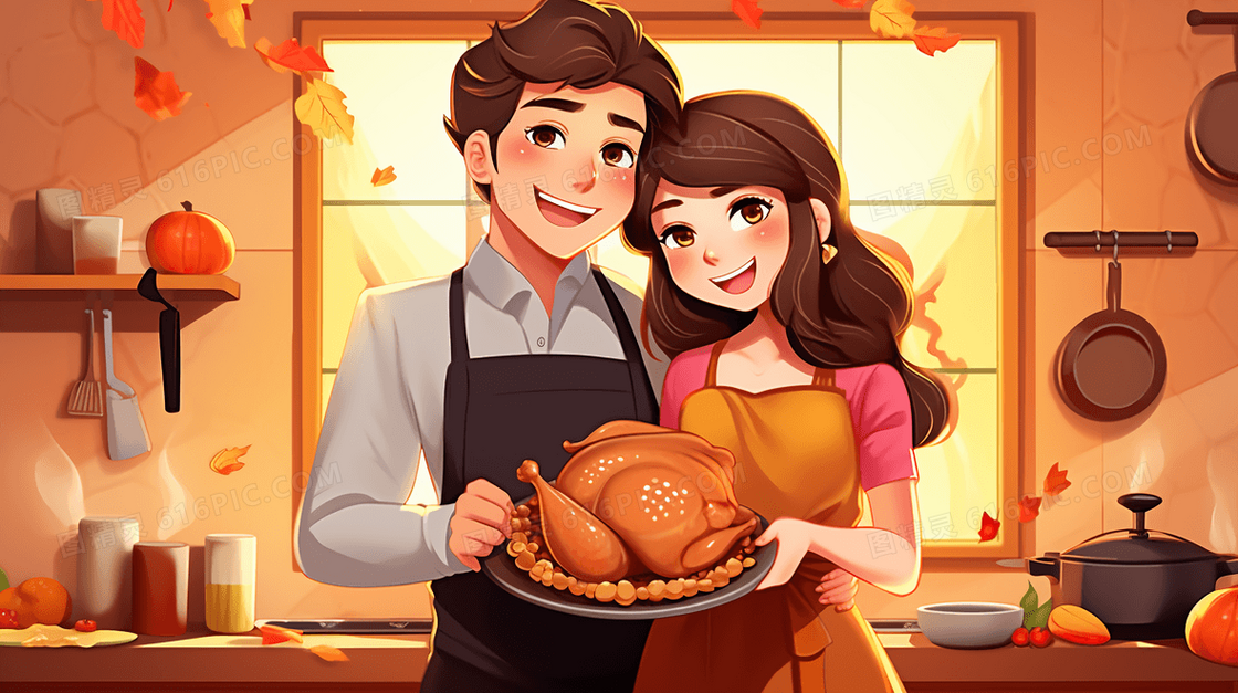 感恩节情侣烤鸡一起做饭烹饪美食插画