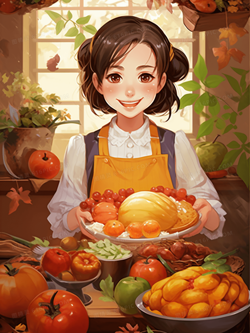 感恩节女孩烤鸡美食插画