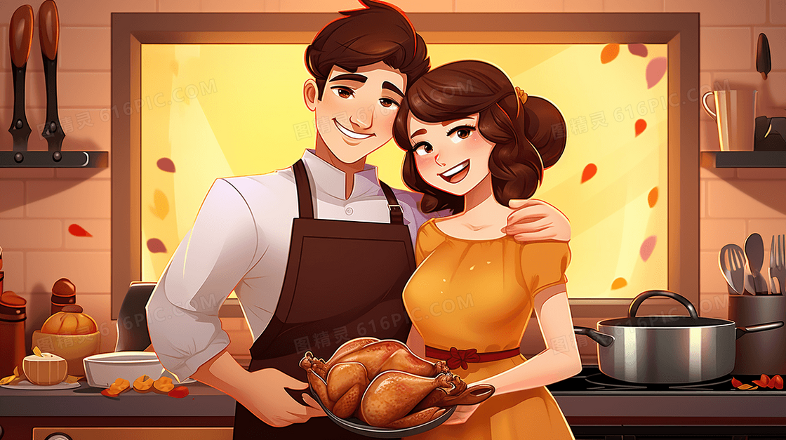 感恩节情侣烤鸡一起做饭烹饪美食插画