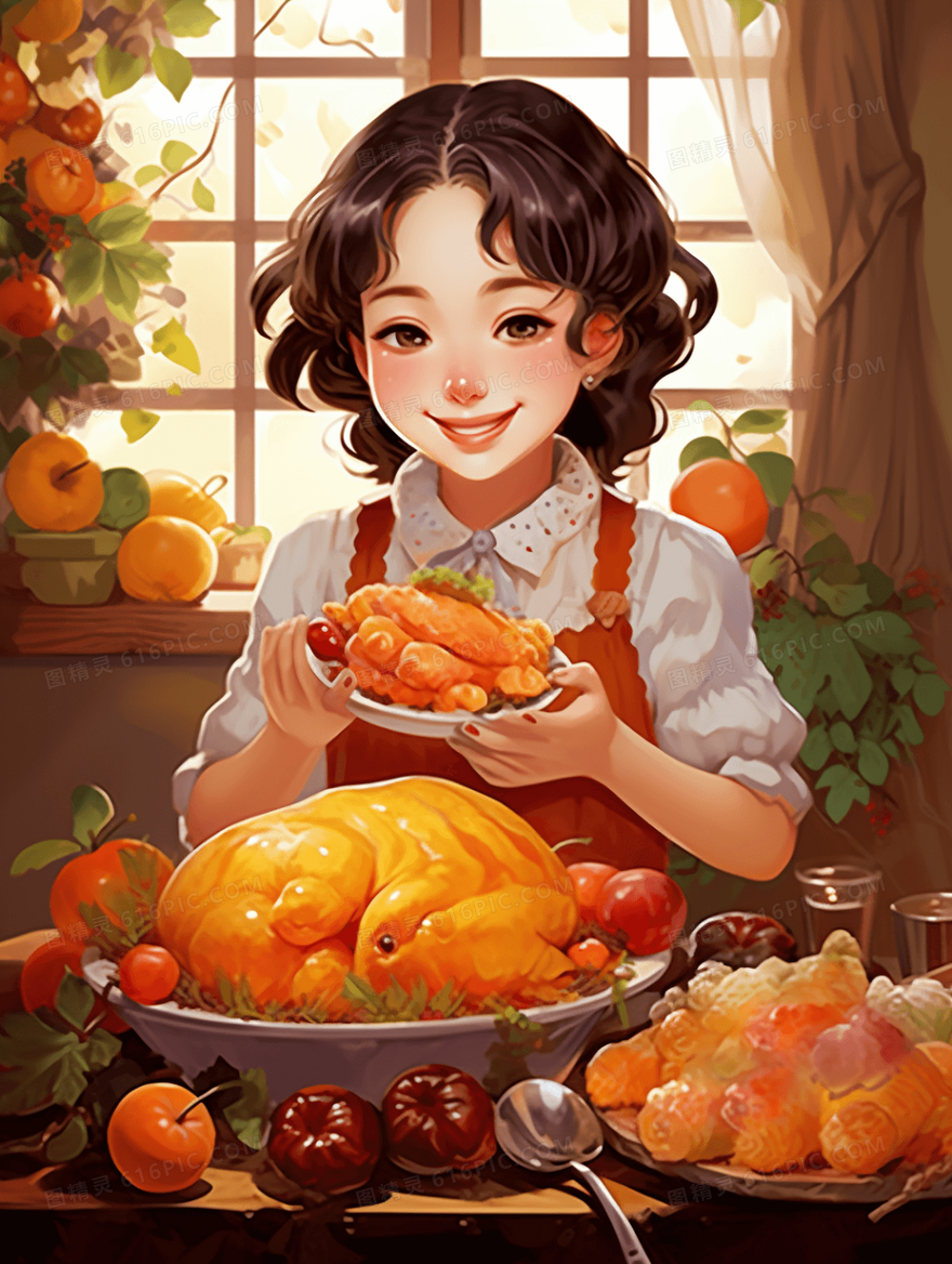 感恩节女孩烤鸡美食插画