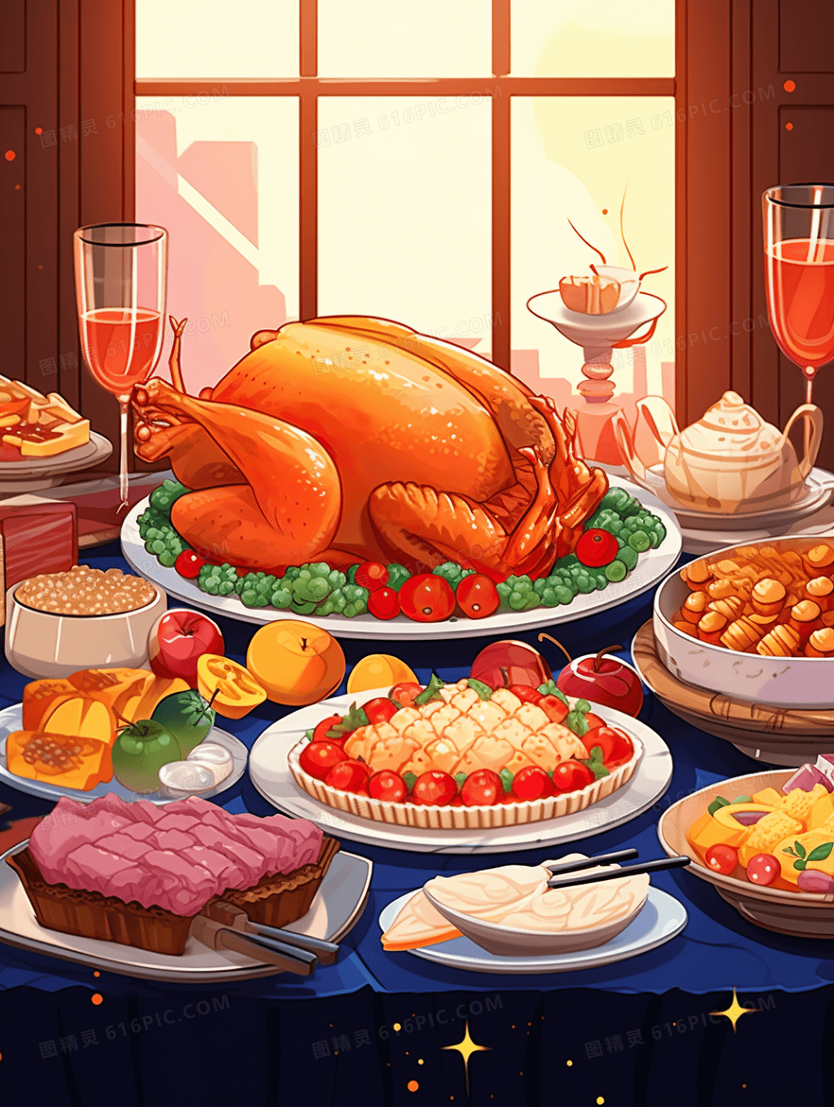 感恩节南瓜火鸡红酒晚餐插画