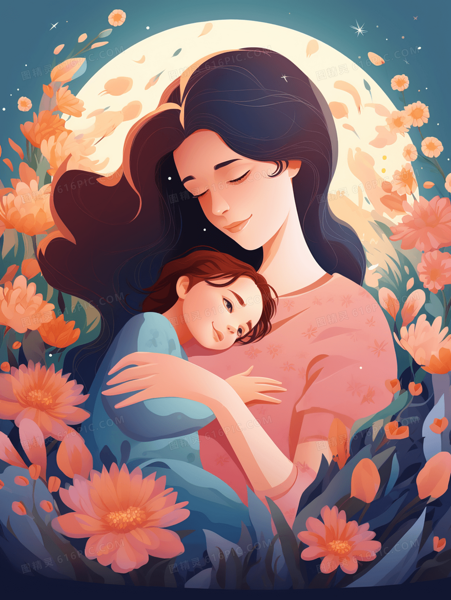 鲜花包围的母亲抱着小孩的母亲节插画