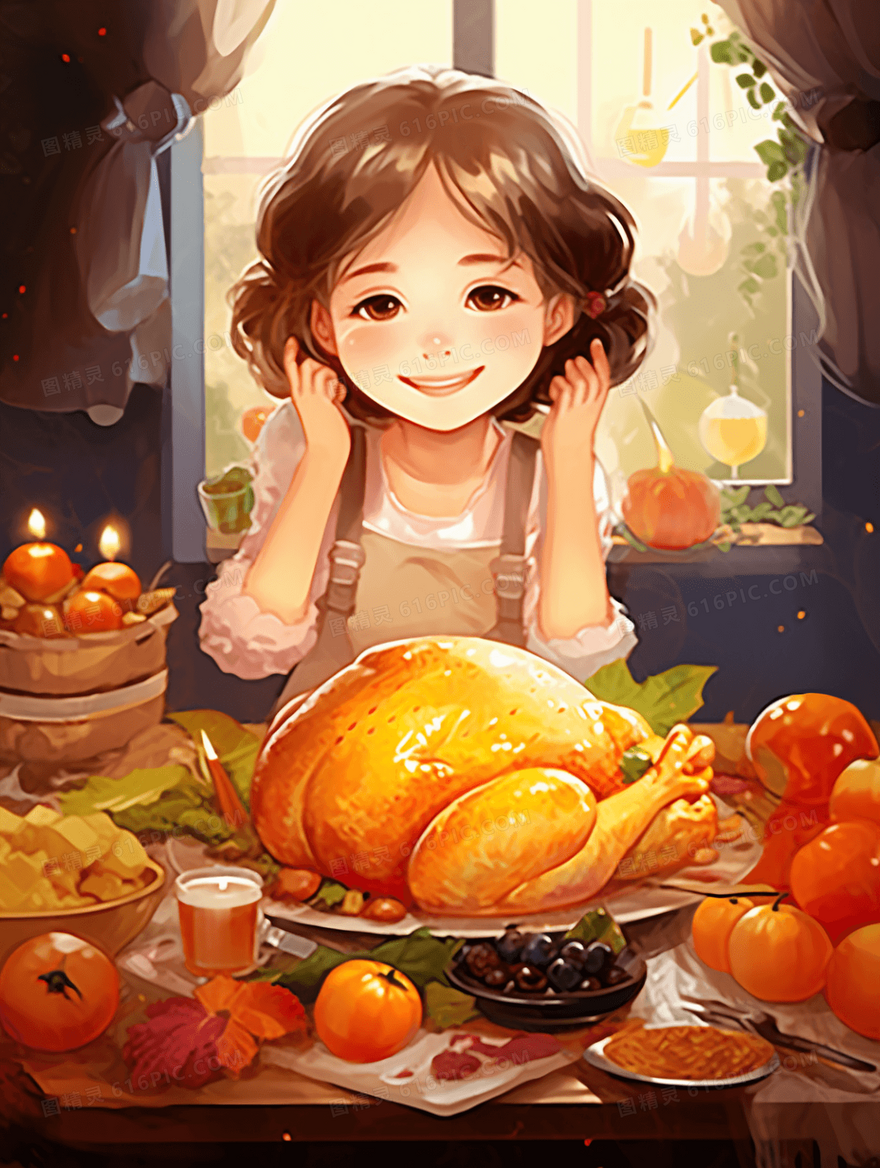 感恩节女孩烤鸡美食插画