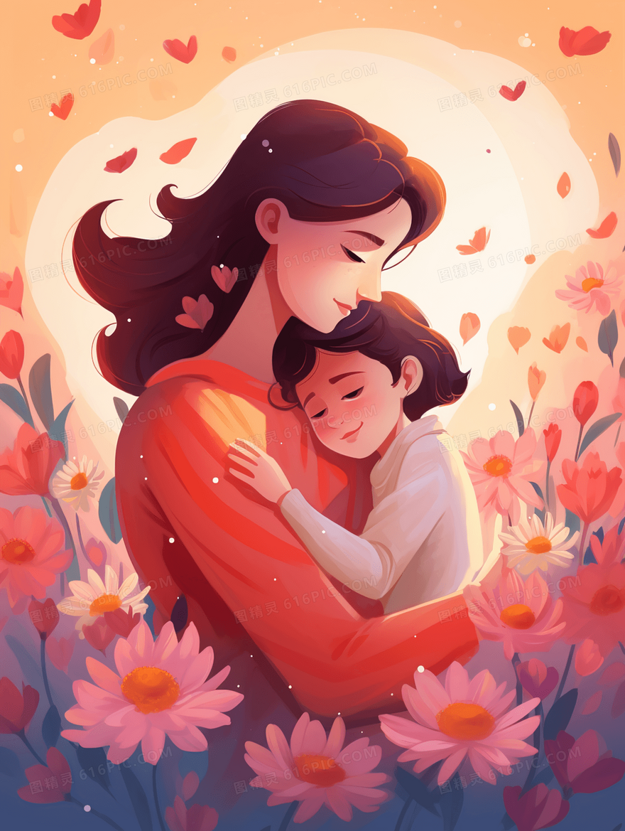 鲜花包围的母亲抱着小孩的母亲节插画