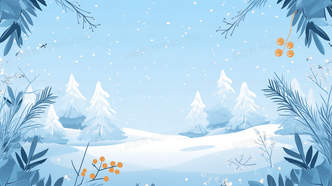 蓝色唯美雪景插画