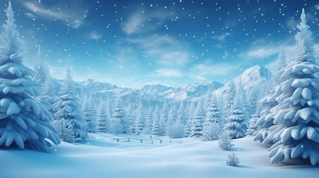 蓝色高山雪地风景插画
