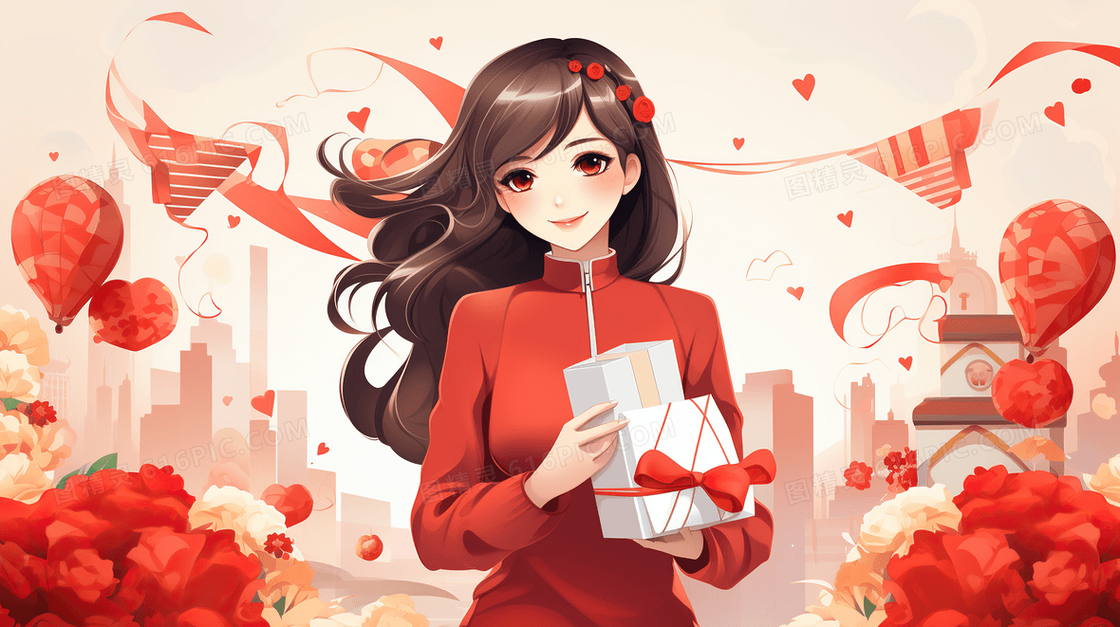 红色喜庆场景女孩购物年货节购物促销插画
