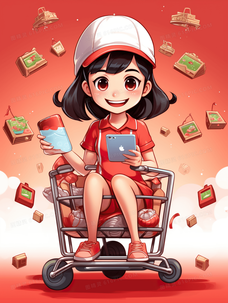 红色喜庆场景女孩购物年货节购物促销插画