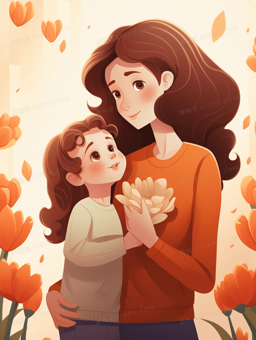 母亲节手握鲜花的母女插画