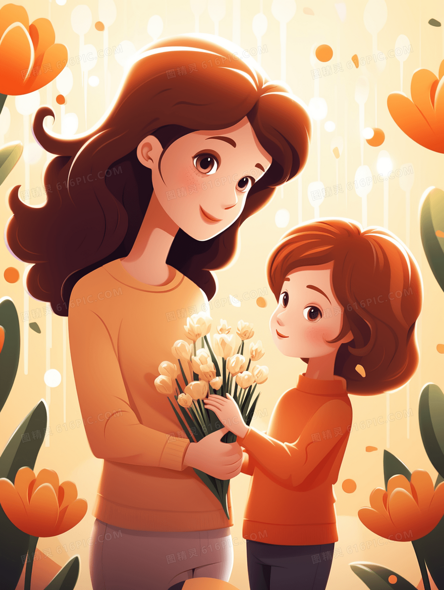 母亲节手握鲜花的母女插画
