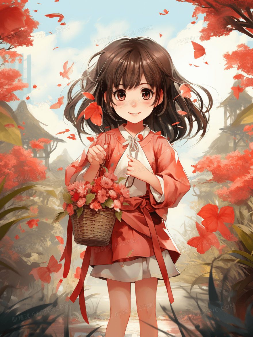 红色喜庆场景女孩购物年货节购物促销插画