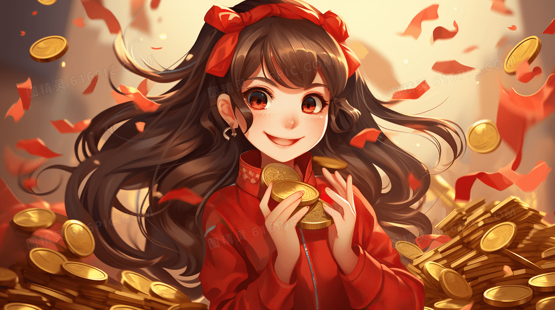 红色喜庆场景女孩购物年货节购物促销插画