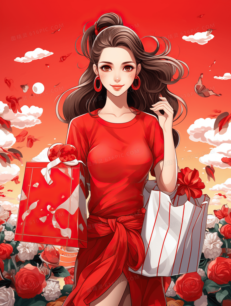 红色喜庆场景女孩购物年货节购物促销插画
