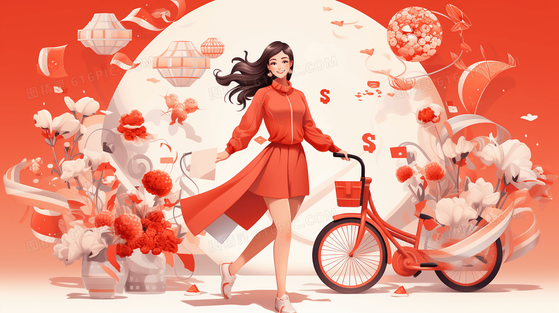 红色喜庆场景女孩购物年货节购物促销插画