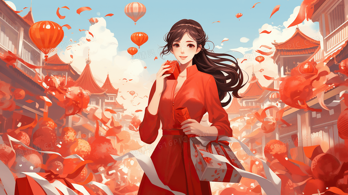 红色喜庆场景女孩购物年货节购物促销插画