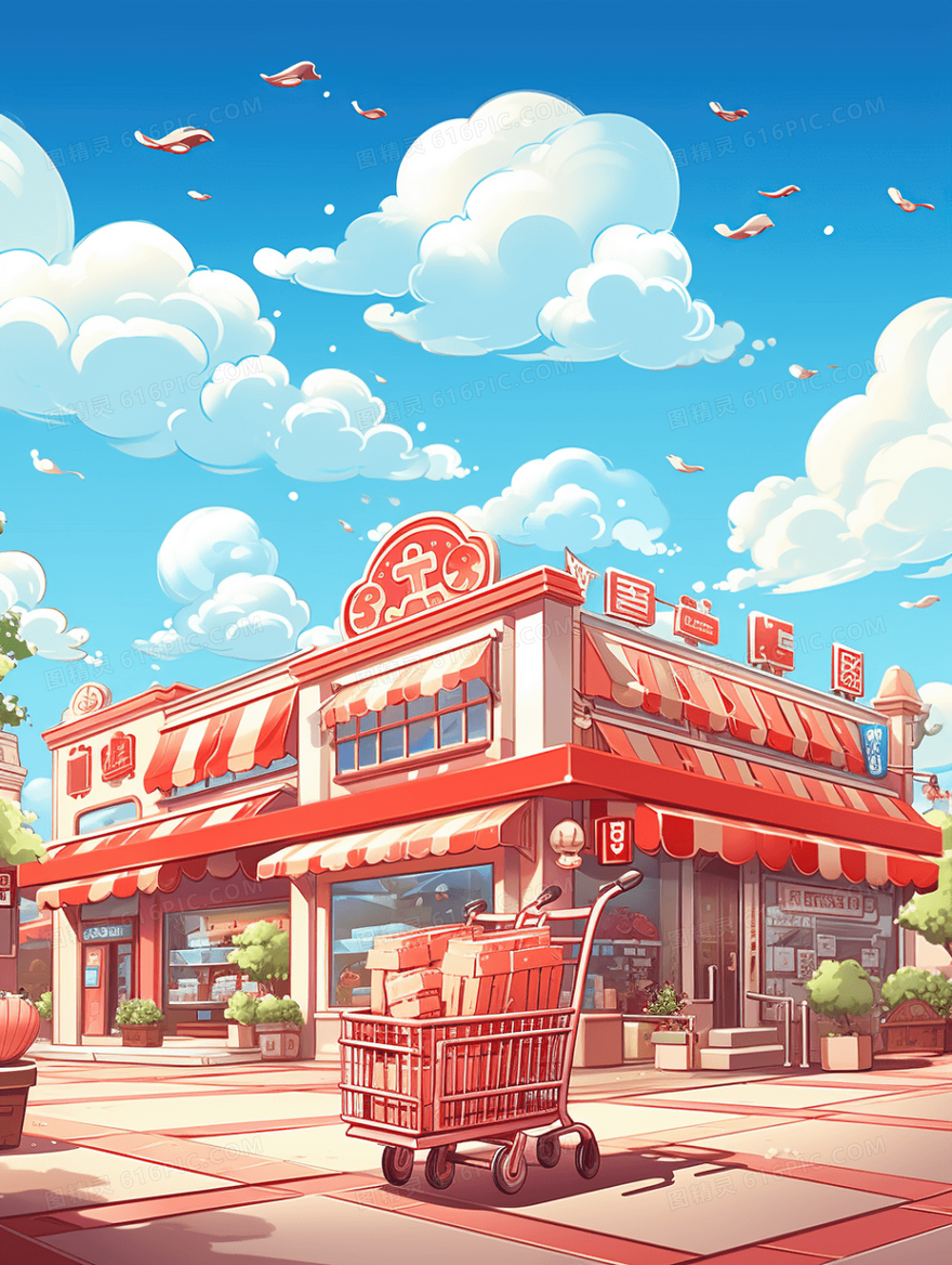 双十一电商商店门口场景购物促销插画