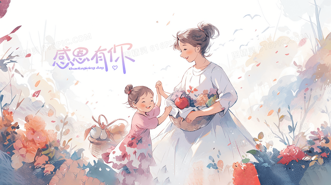 感恩有你妈妈带着孩子在花海中插画