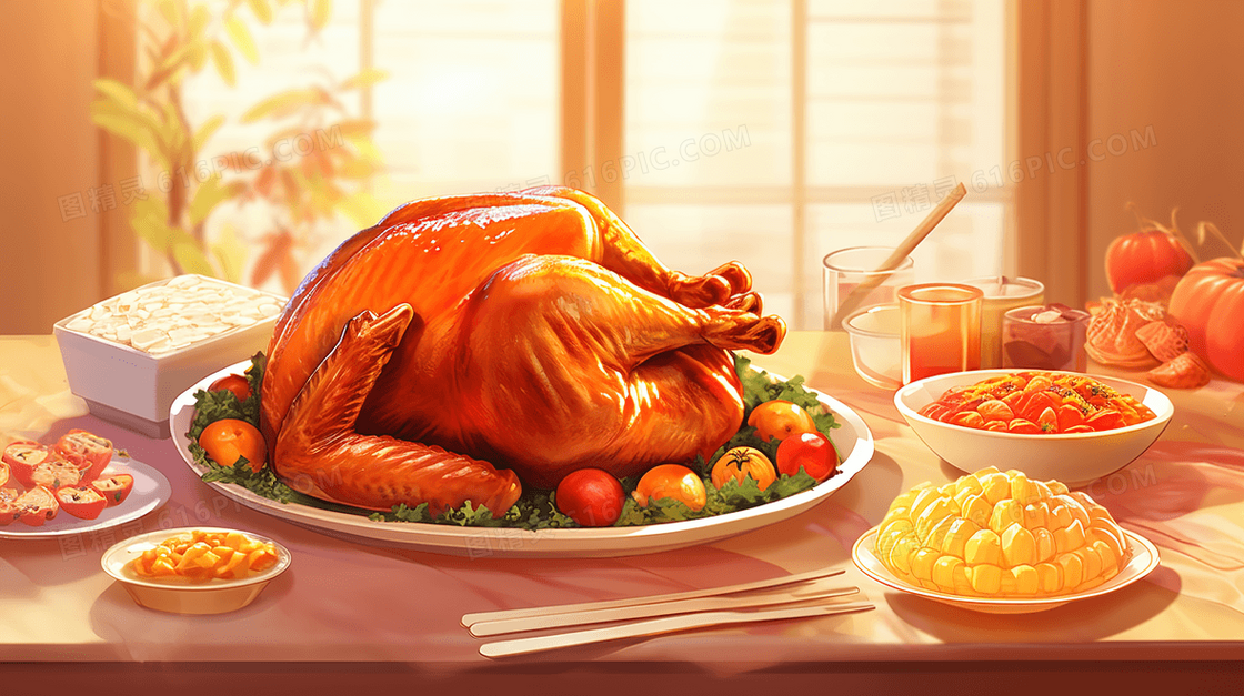 餐桌上美味的感恩节传统烤火鸡插画