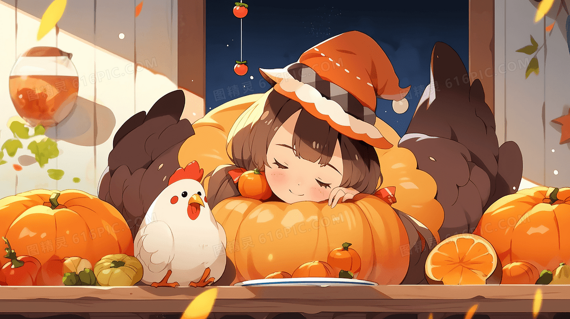 感恩节小朋友睡在南瓜上插画