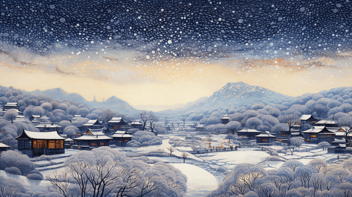 冬天山林里的积雪古城镇插画