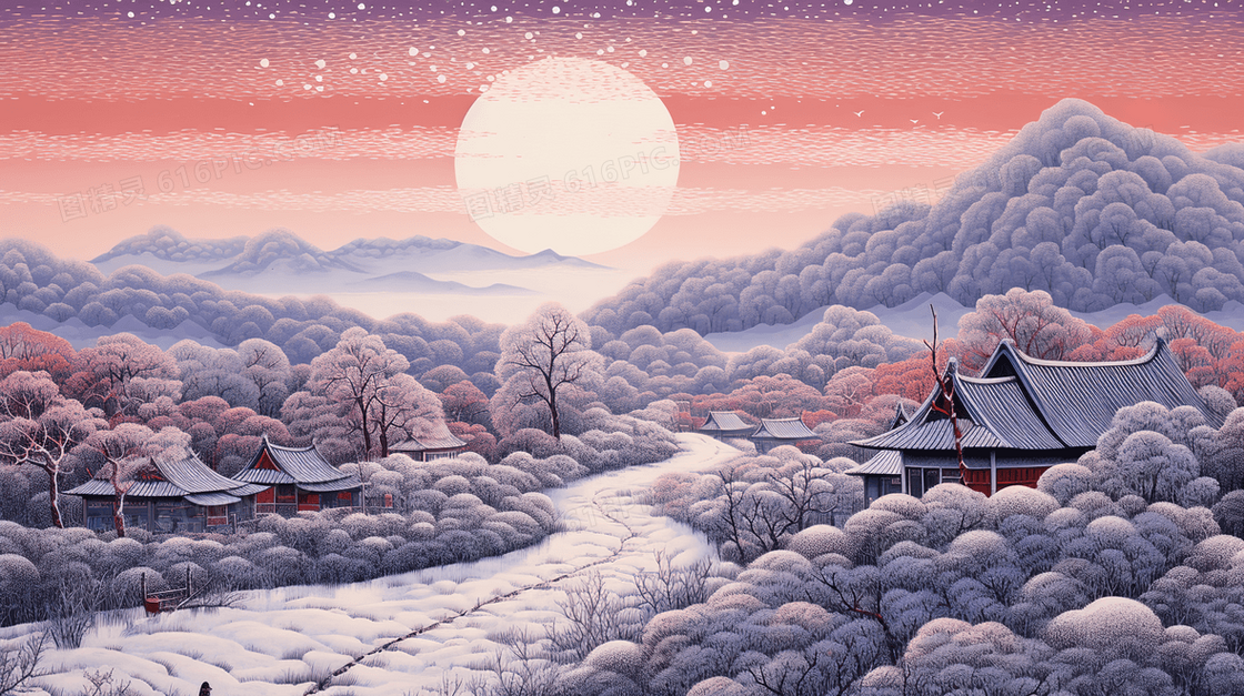 冬季积雪小乡村插画