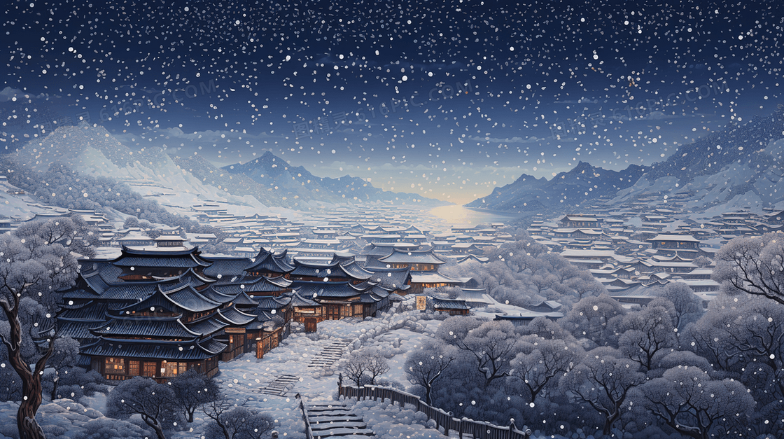 冬天山林里的积雪古城镇插画