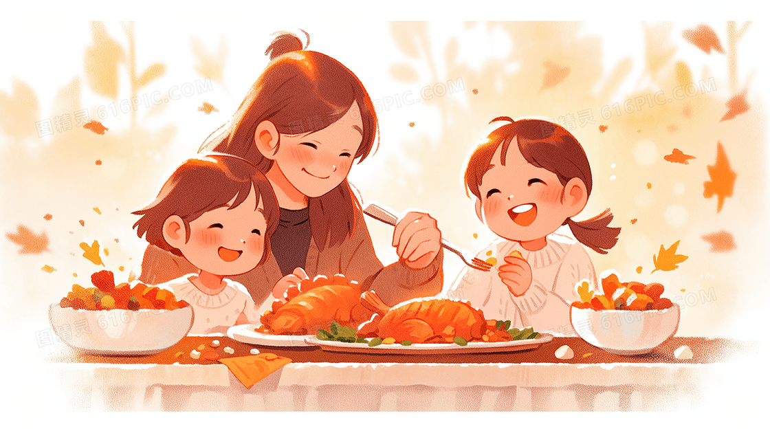 感恩节一家人吃大餐手绘插画