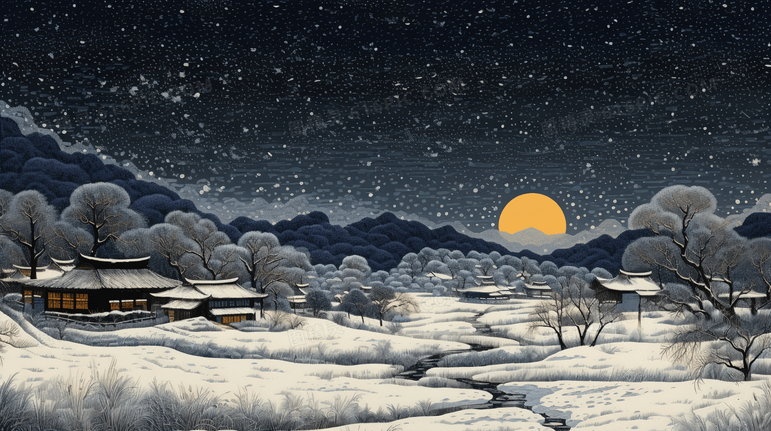 冬季积雪小乡村插画