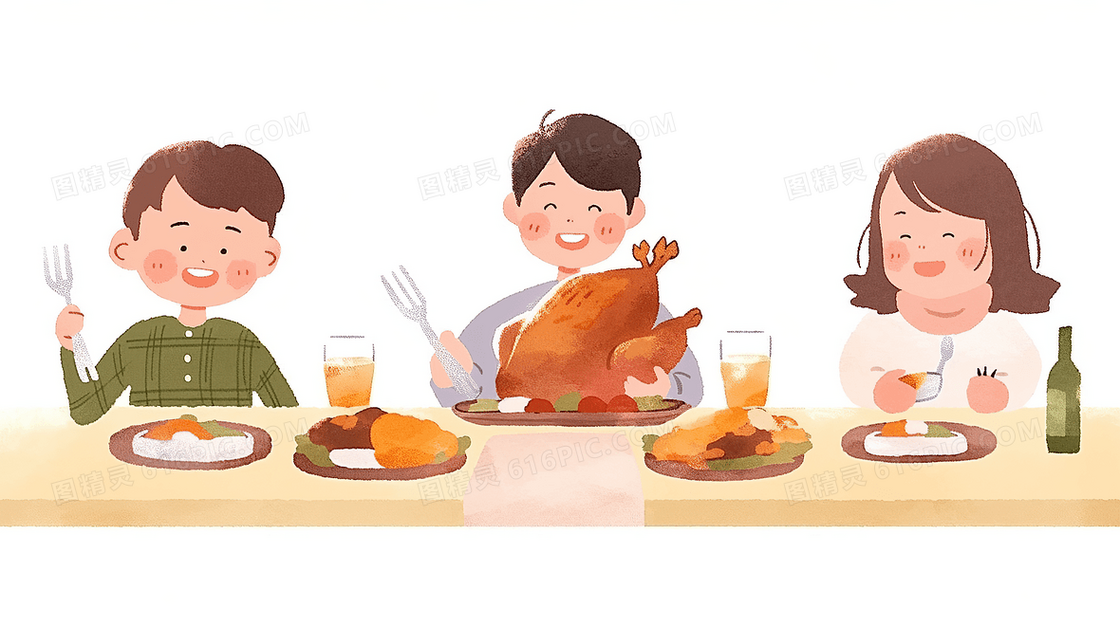 感恩节一家人吃大餐手绘插画