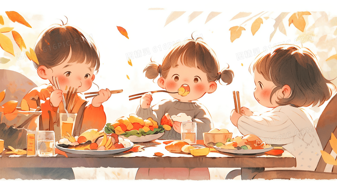 三个小孩感恩节吃大餐手绘插画