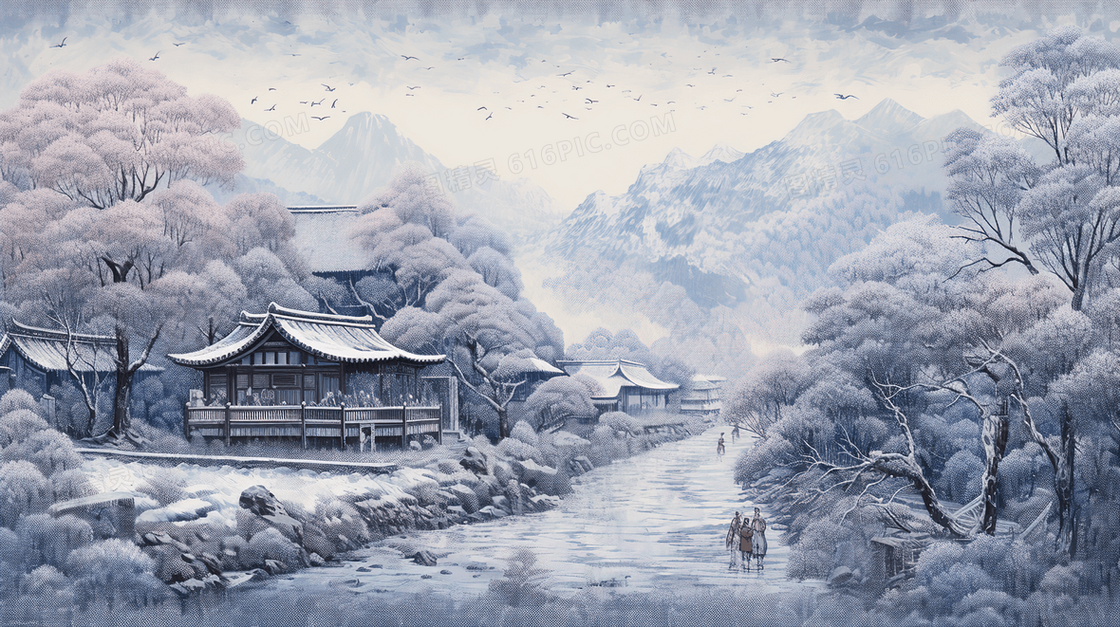 冬季积雪小乡村插画