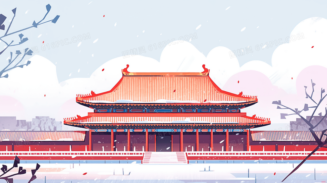 冬季雪中中国古城建筑插画