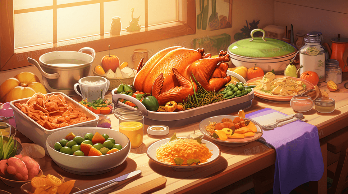 一桌美味的感恩节火鸡美食插画