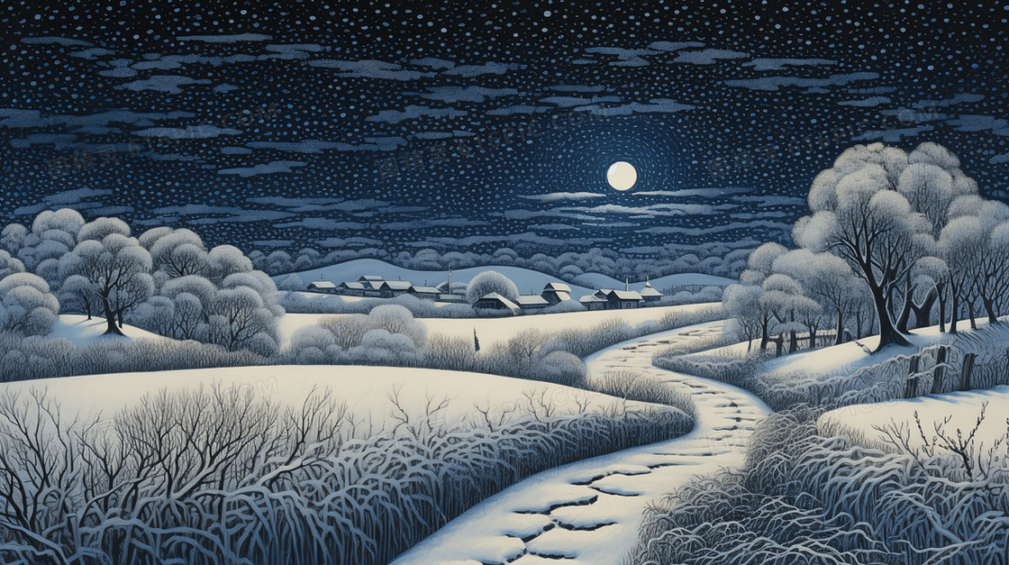 冬季积雪小乡村插画