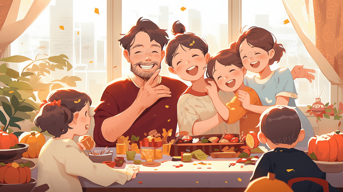一家人感恩节吃大餐手绘插画