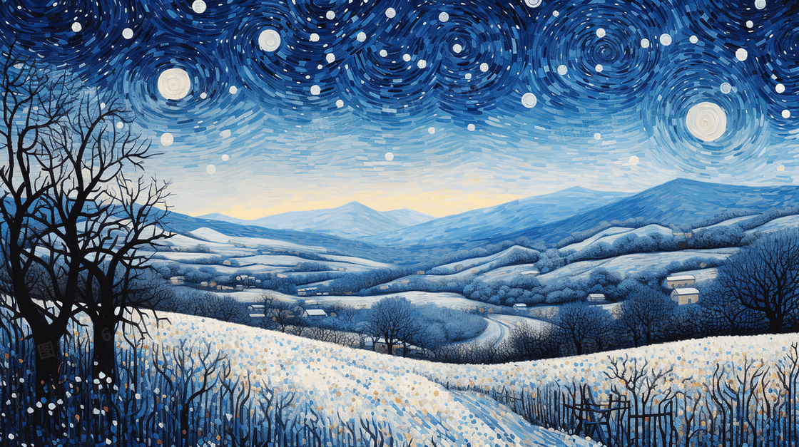 冬日山林雪地里的夜空梵高画风插画