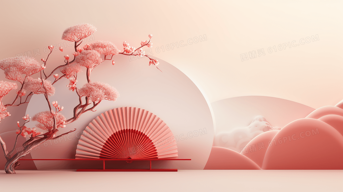 3D立体新年中国风扇子插画