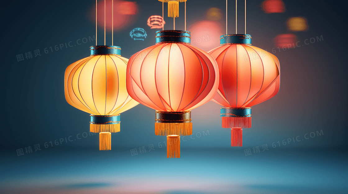3D立体中国风灯笼装饰春节插画