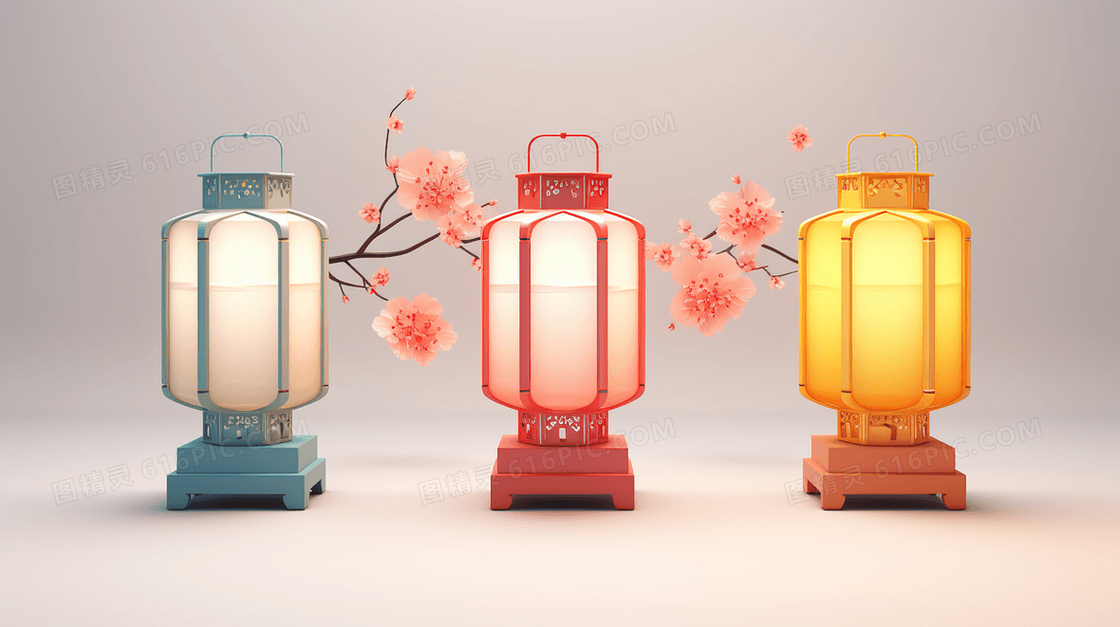 3D立体中国风灯笼装饰春节插画