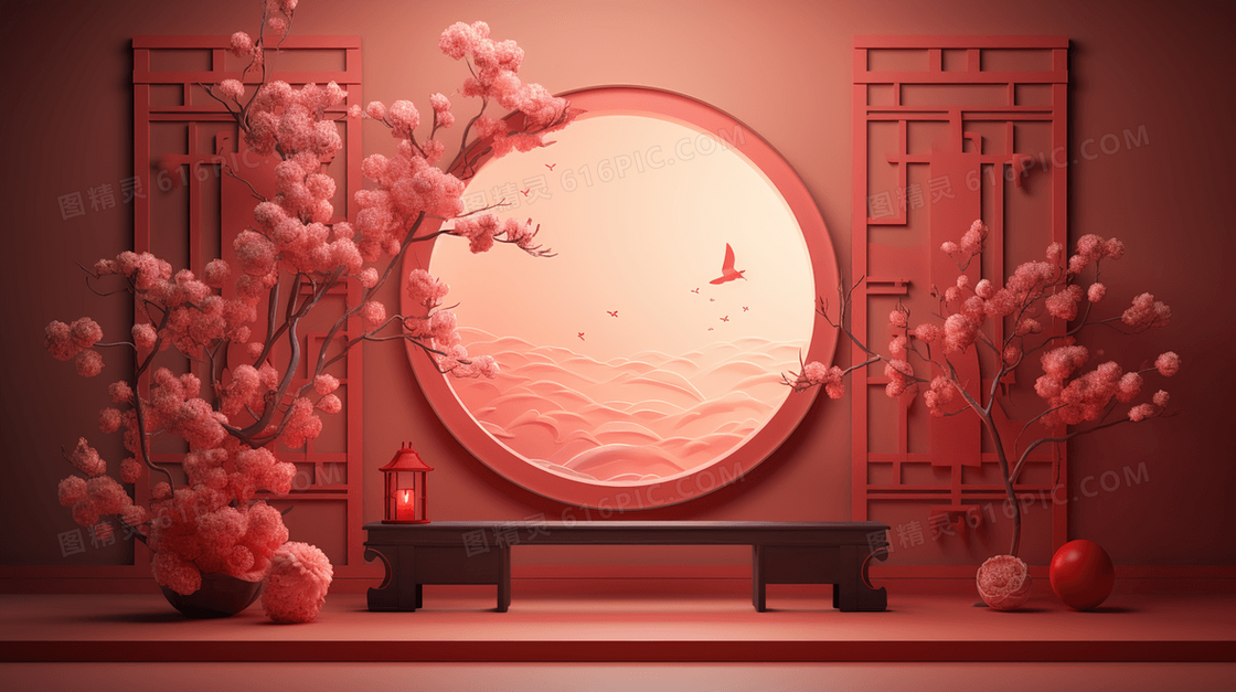 3D立体中国风装饰圆环边框插画