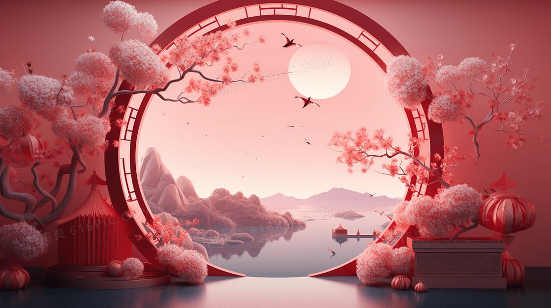 3D立体中国风装饰圆环边框插画